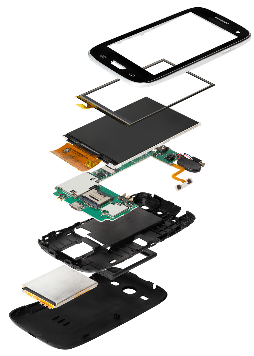 Isometry disassembled smartphone showing plastic part design for many modern industries